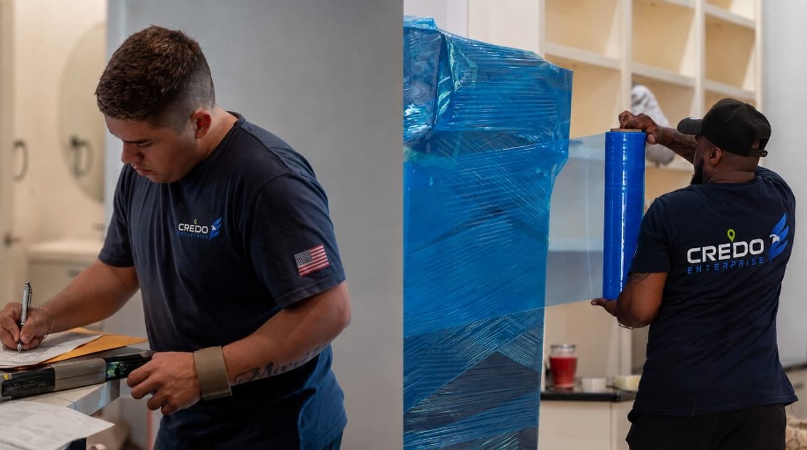 Credo Enterprise commercial movers wrapping office furniture and coordinating an inventory list