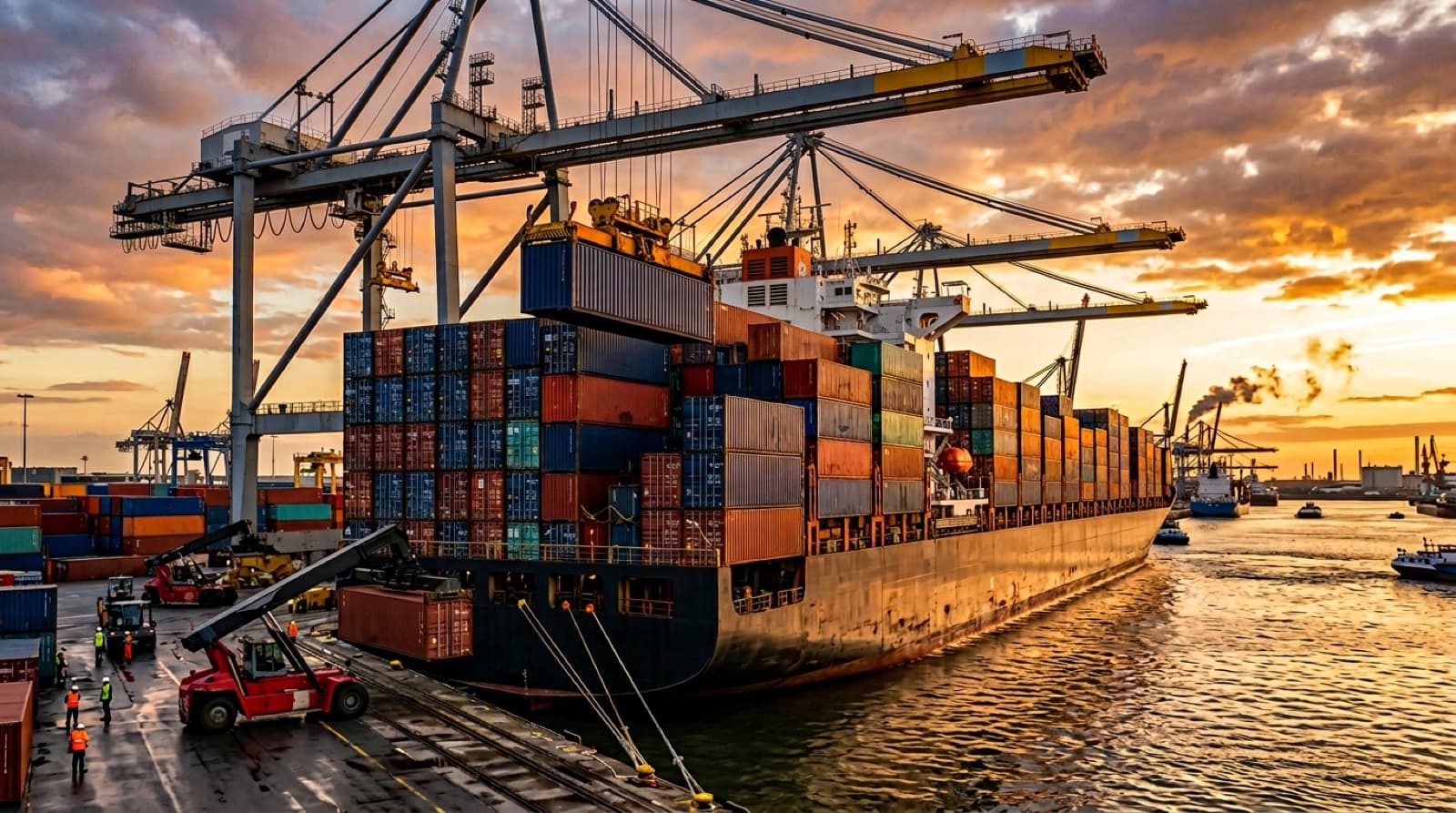 Stacked international shipping containers being loaded onto a cargo ship at sunset