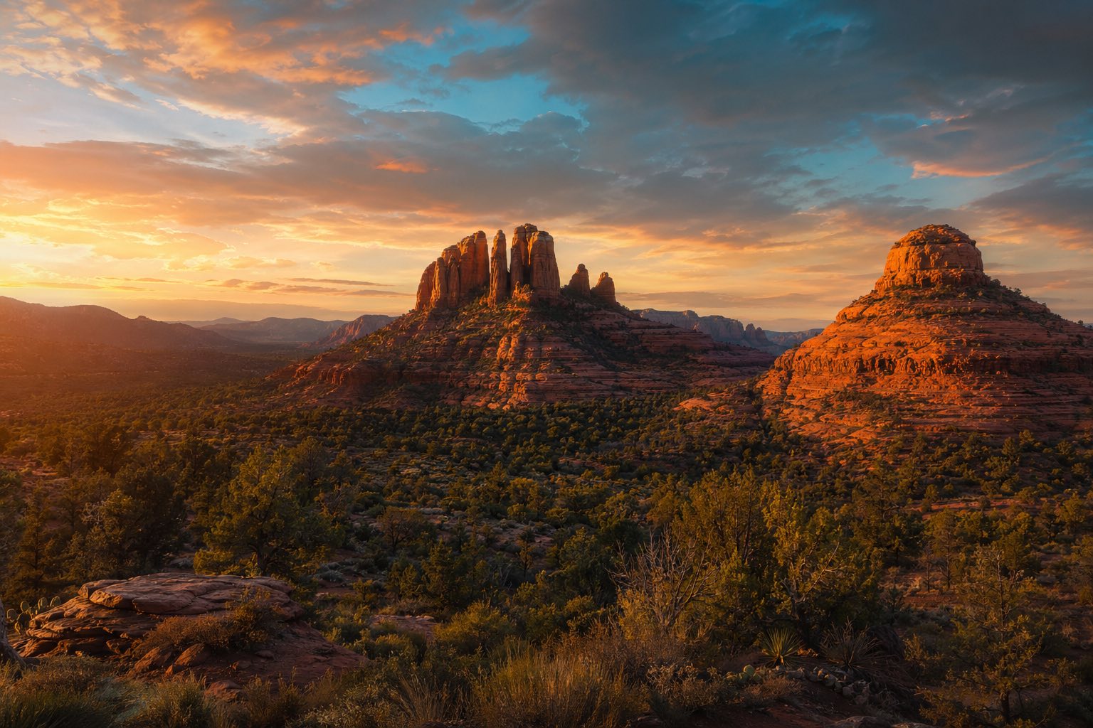 Modern photograph of the Grand Canyon and Sonoran desert horizon at sunset representing Credo Enterprise' Arizona service area