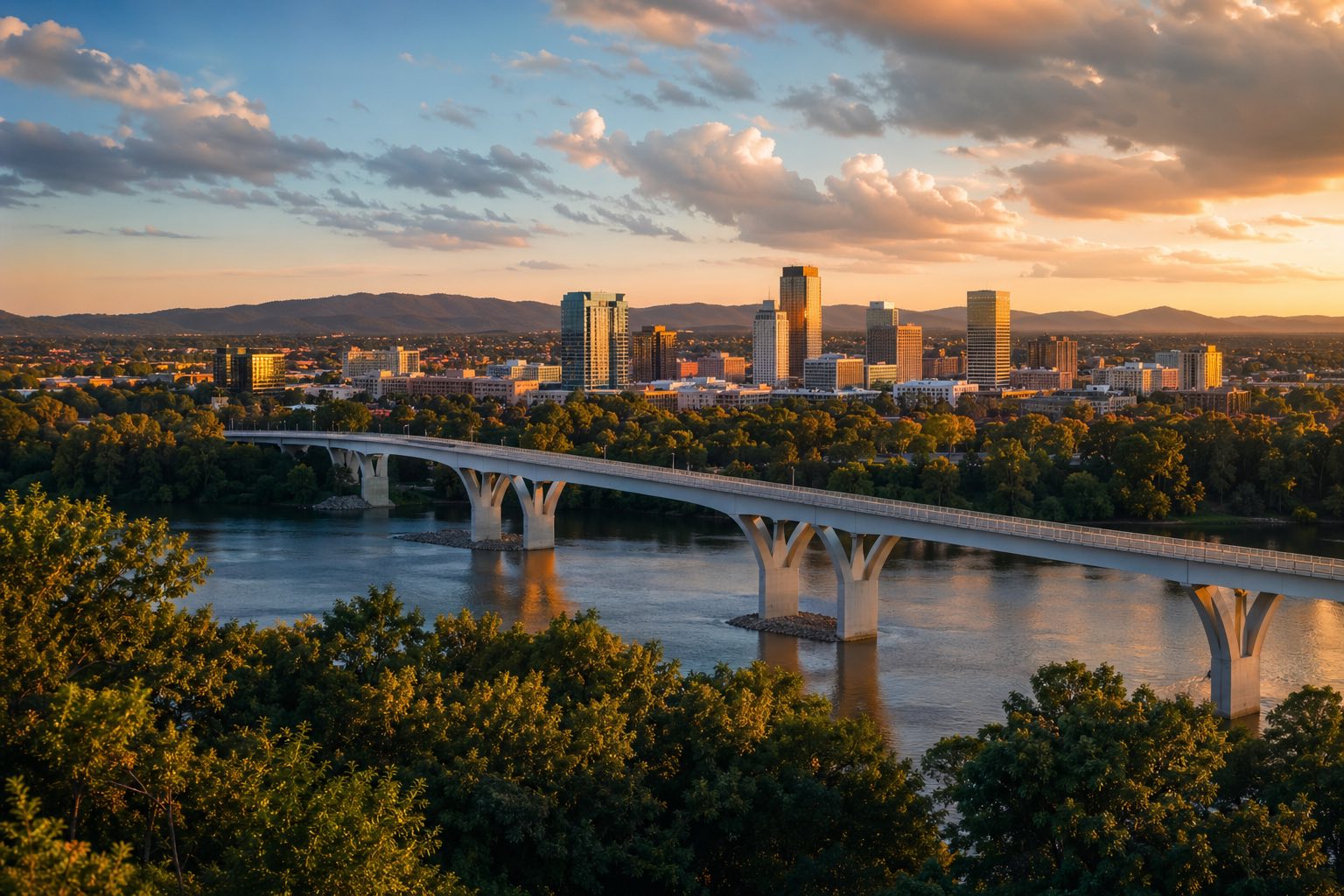 Modern photograph of the Ozark Mountains and Buffalo River bluffs at golden hour representing Credo Enterprise' Arkansas service area