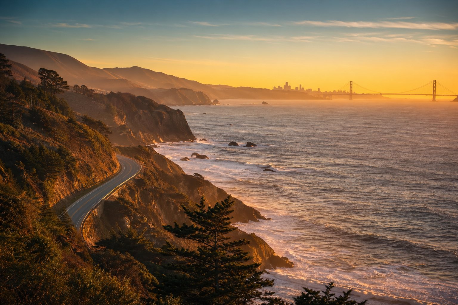 Modern photograph of the Pacific Coast Highway with palm trees and the San Francisco Bay skyline representing Credo Enterprise' California service area