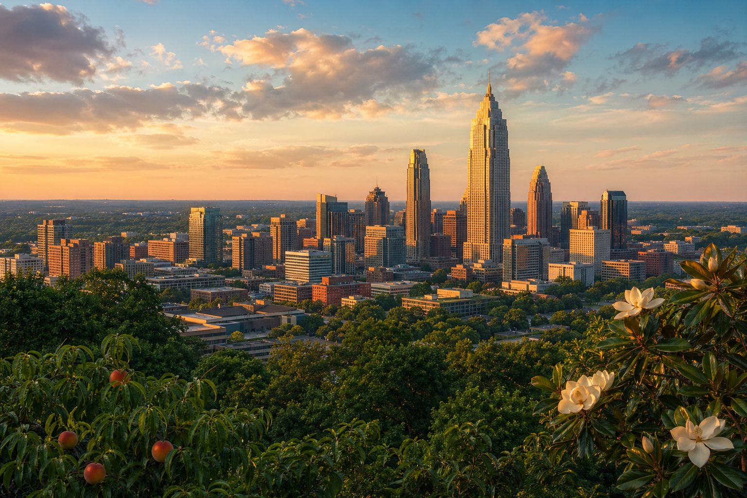 Modern photograph of the Atlanta skyline at sunset with the rolling Georgia foothills representing Credo Enterprise' Georgia service area
