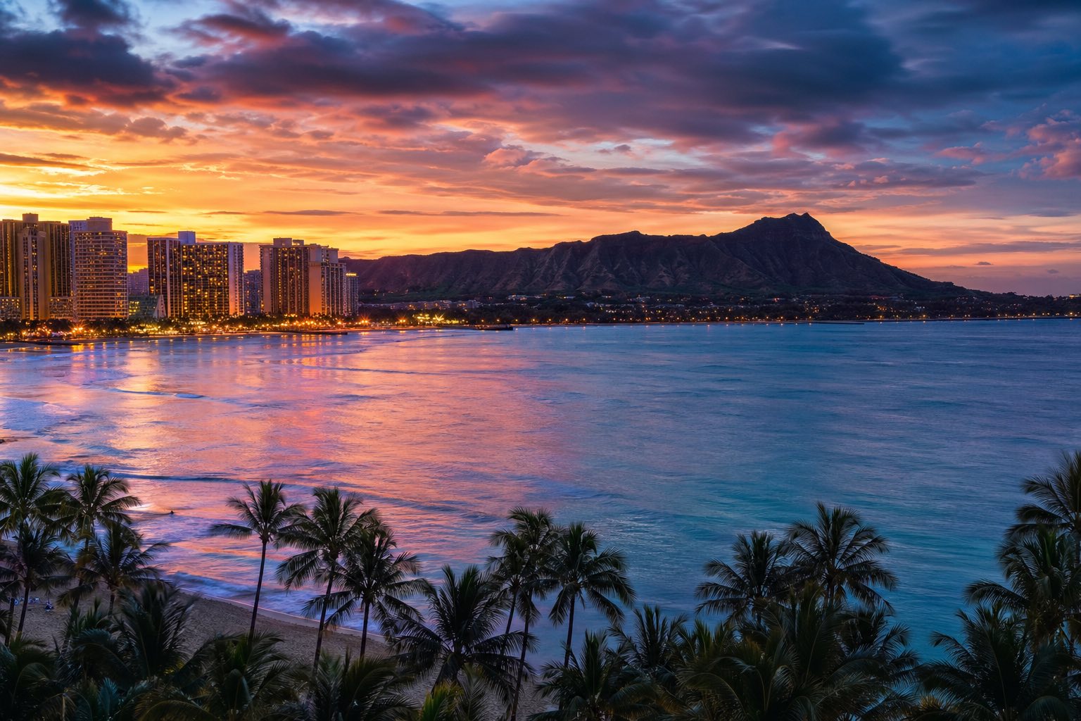 Modern photograph of the Honolulu coastline and Diamond Head at dusk representing Credo Enterprise' Hawaii service area