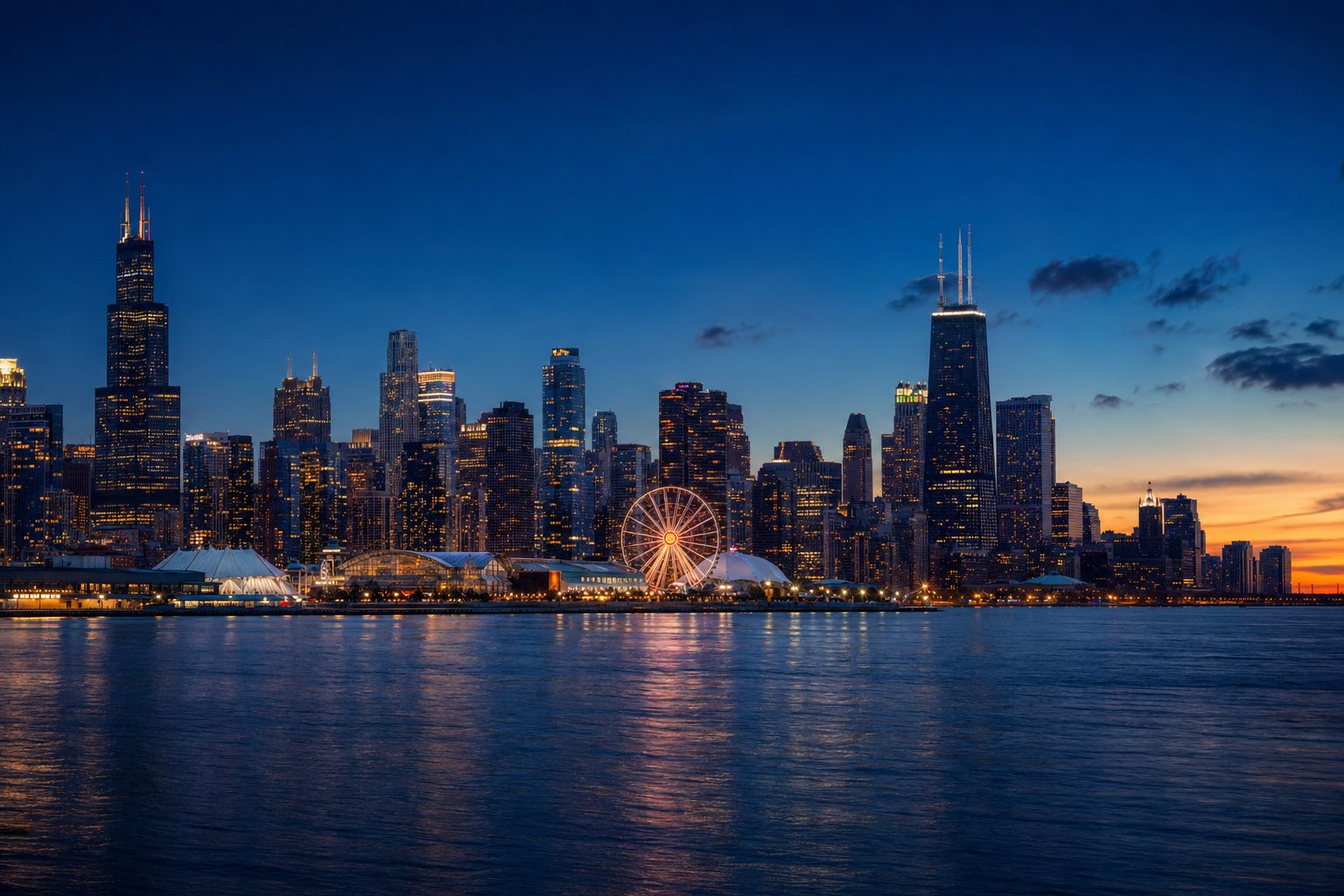 Modern photograph of the Chicago skyline reflected in Lake Michigan at sunset representing Credo Enterprise' Illinois service area
