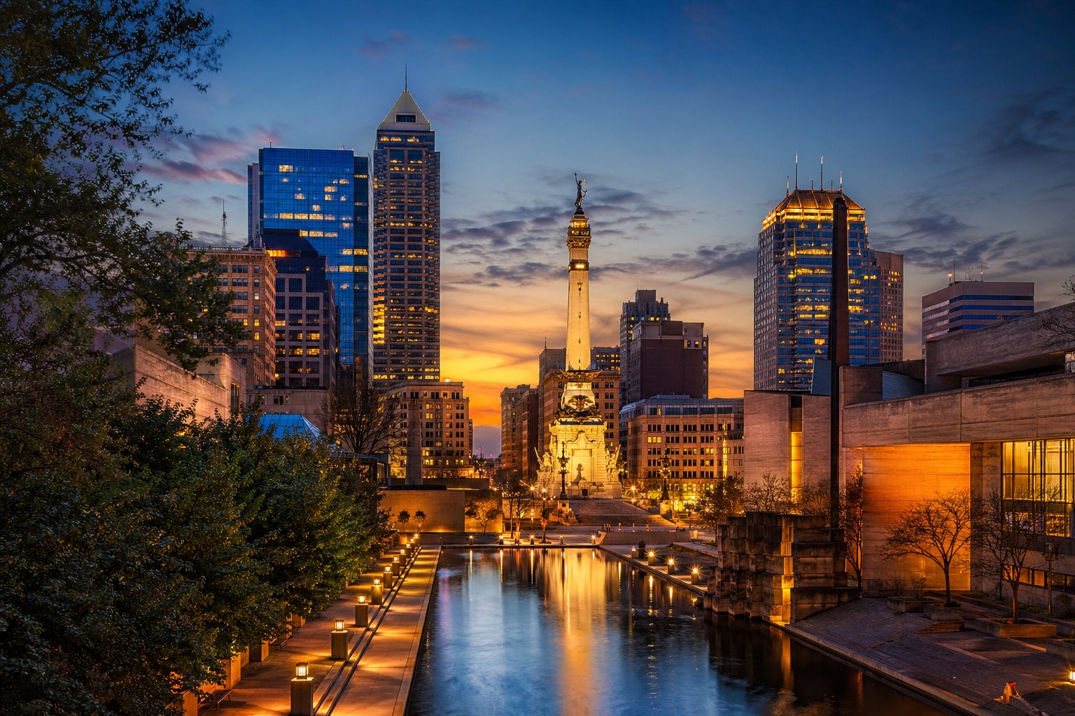 Modern photograph of the Indianapolis skyline with rolling Indiana farmland at golden hour representing Credo Enterprise' Indiana service area
