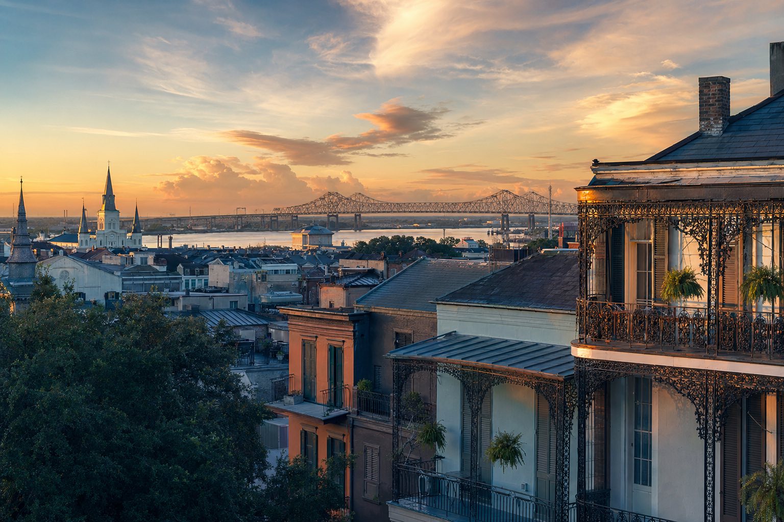 Modern photograph of the New Orleans French Quarter and the Mississippi River at dusk representing Credo Enterprise' Louisiana service area