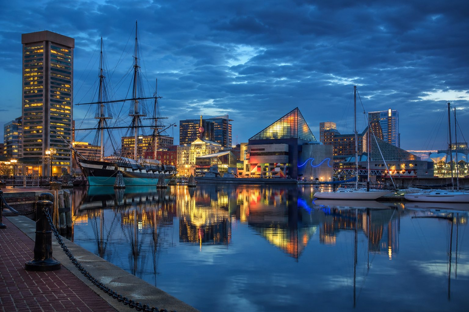 Modern photograph of the Baltimore Inner Harbor and Chesapeake Bay at golden hour representing Credo Enterprise' Maryland service area