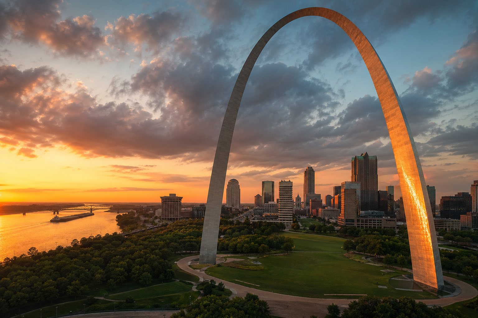 Modern photograph of the St. Louis Gateway Arch at sunset along the Mississippi representing Credo Enterprise' Missouri service area