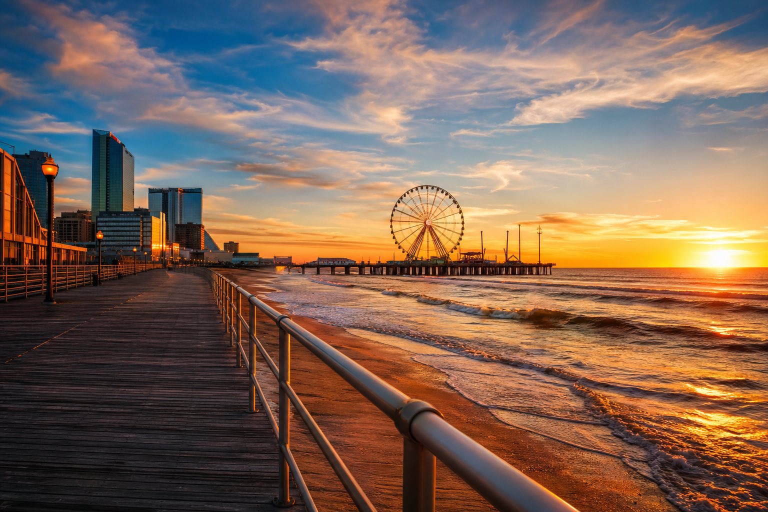 Modern photograph of the Atlantic City boardwalk and Jersey Shore at sunset representing Credo Enterprise' New Jersey service area