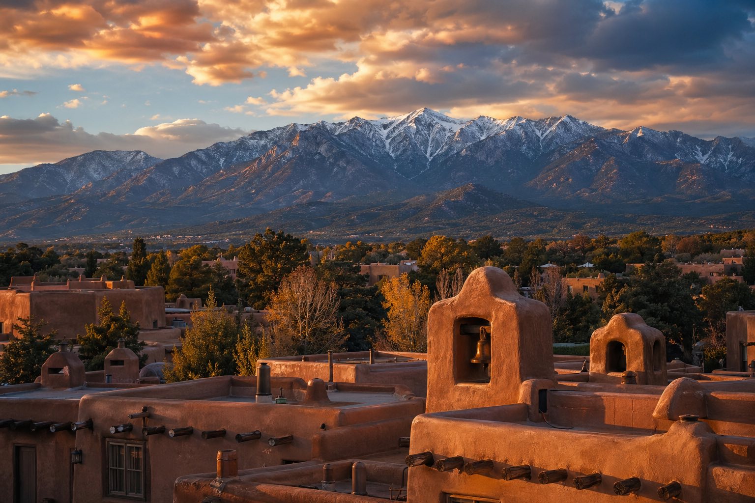 Modern photograph of Santa Fe desert mesas and adobe architecture at dusk representing Credo Enterprise' New Mexico service area