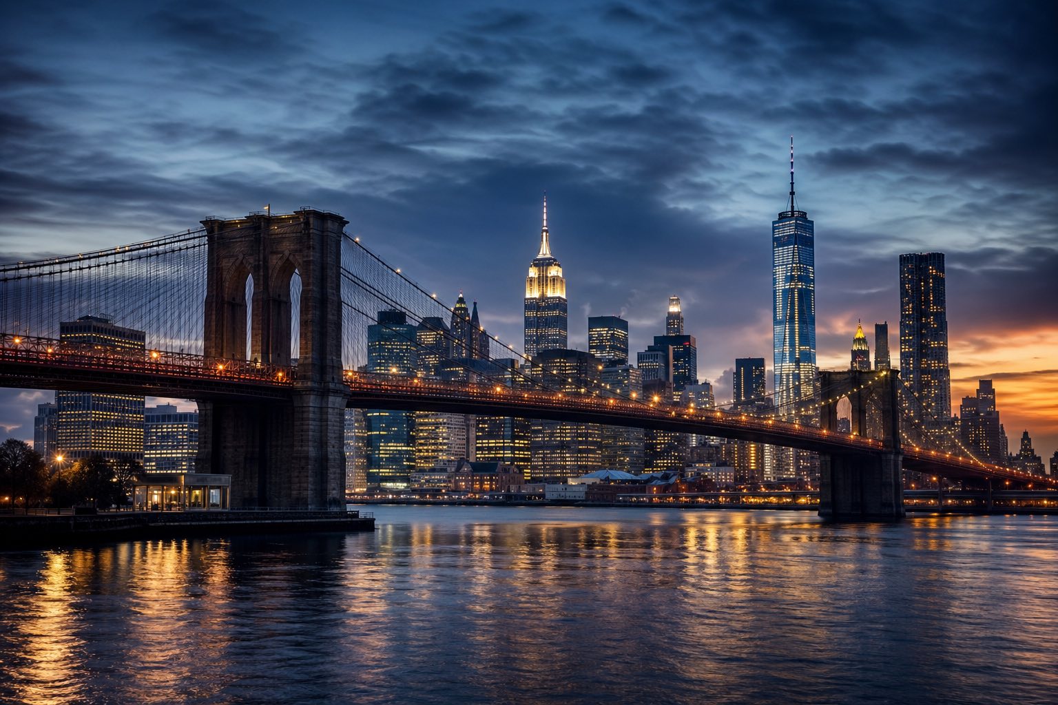 Modern photograph of the Manhattan skyline with the Brooklyn Bridge at dusk representing Credo Enterprise' New York service area