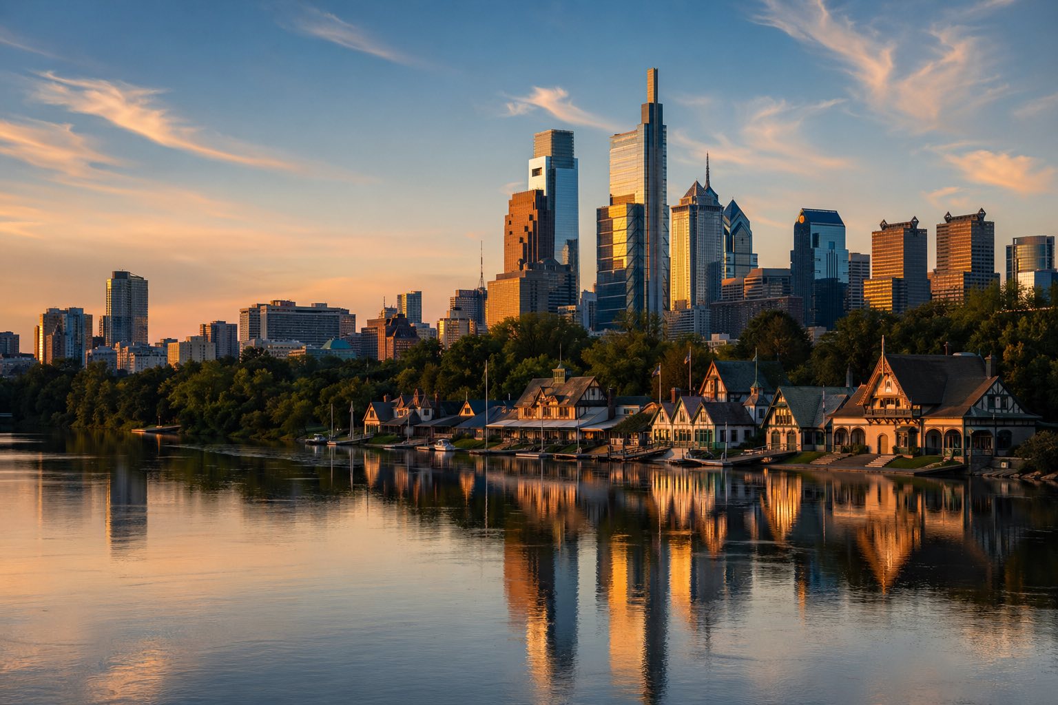 Modern photograph of the Philadelphia skyline and historic riverfront at golden hour representing Credo Enterprise' Pennsylvania service area