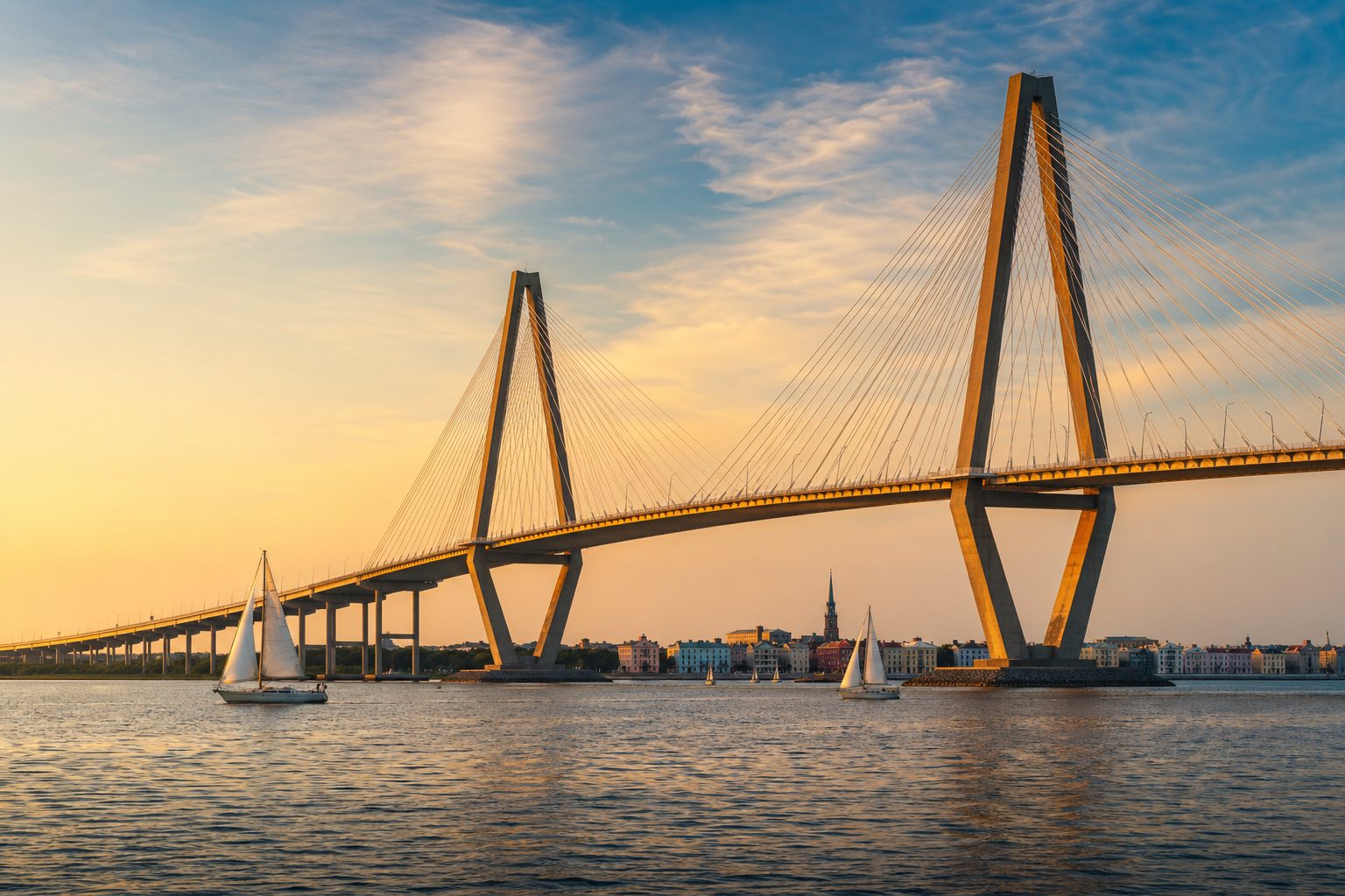 Modern photograph of the historic Charleston harbor and Ravenel Bridge at golden hour representing Credo Enterprise' South Carolina service area