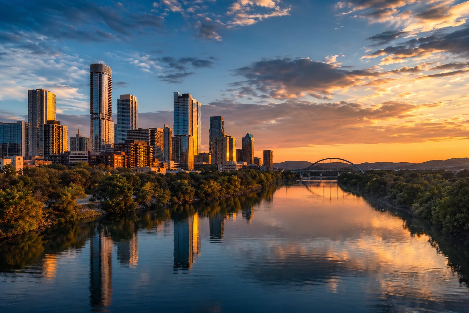 Modern photograph of the Austin downtown skyline with Hill Country in the distance at sunset representing Credo Enterprise' Texas service area