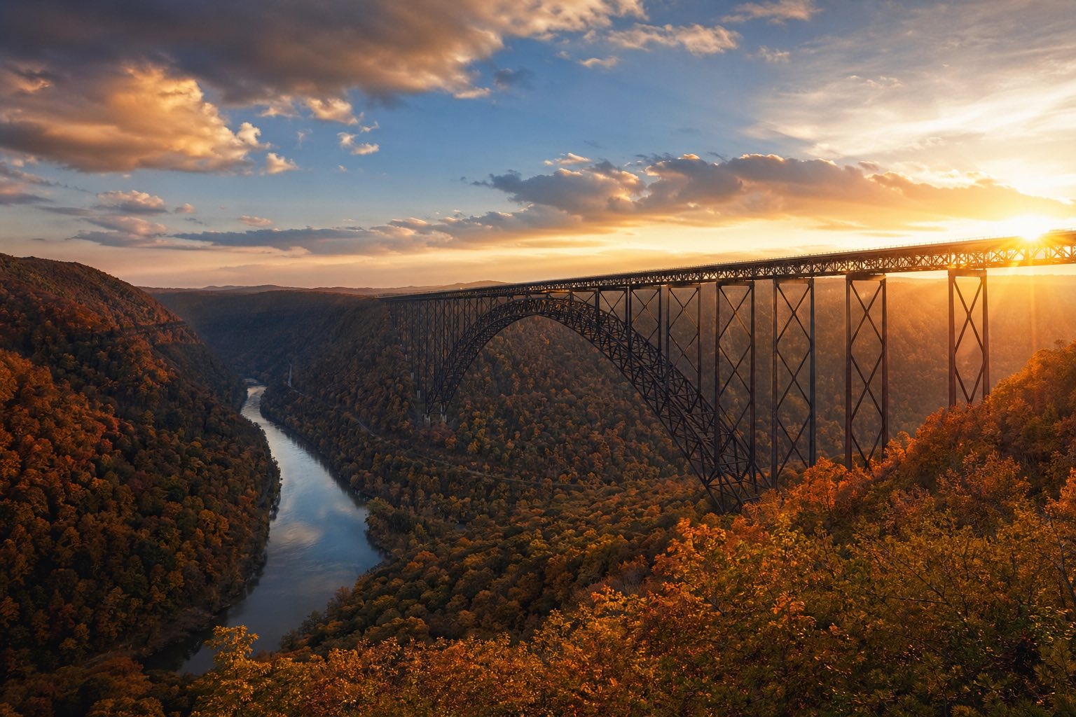 Modern photograph of the New River Gorge bridge and Appalachian Mountains at dawn representing Credo Enterprise' West Virginia service area