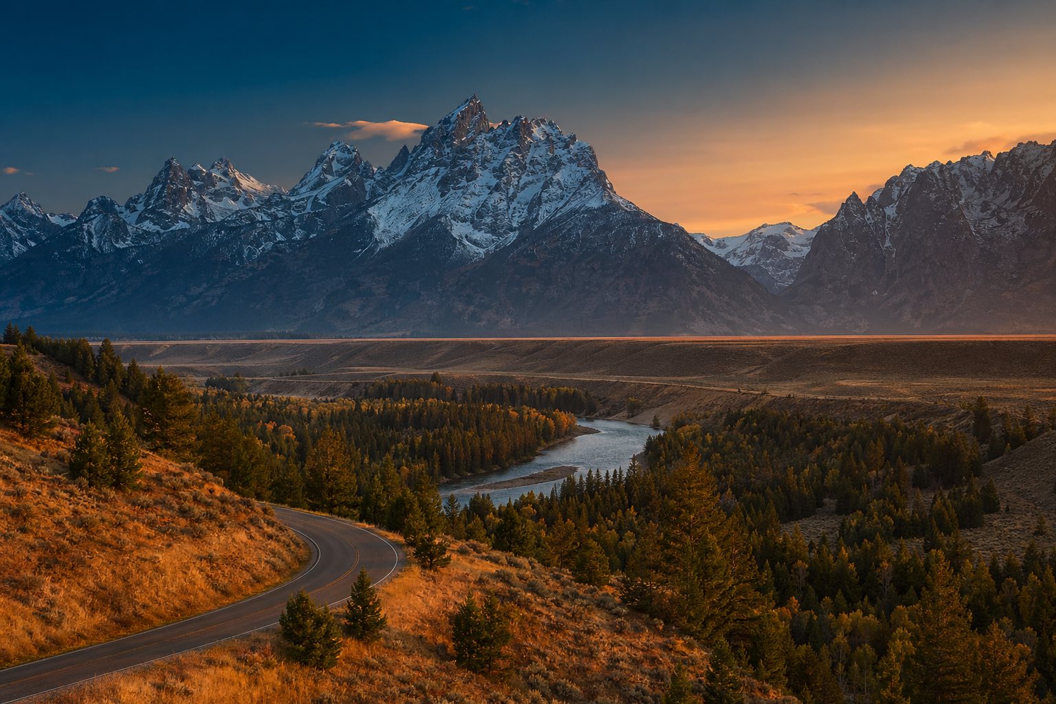 Modern photograph of the Grand Tetons and a winding country road at golden hour representing Credo Enterprise' Wyoming service area